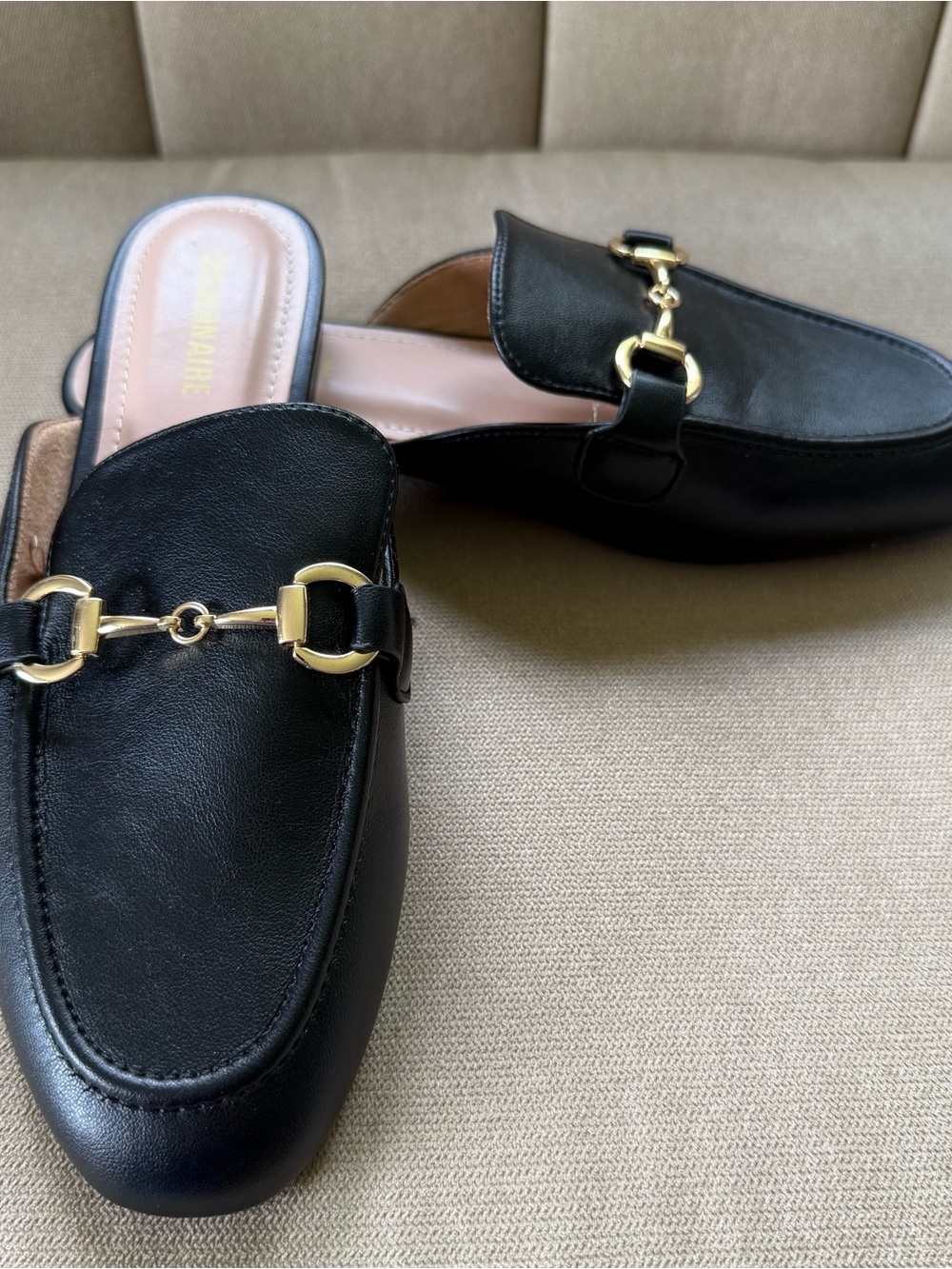 Black Leather Backless Loafers with Gold Horsebit Detail - Picture 5 of 15